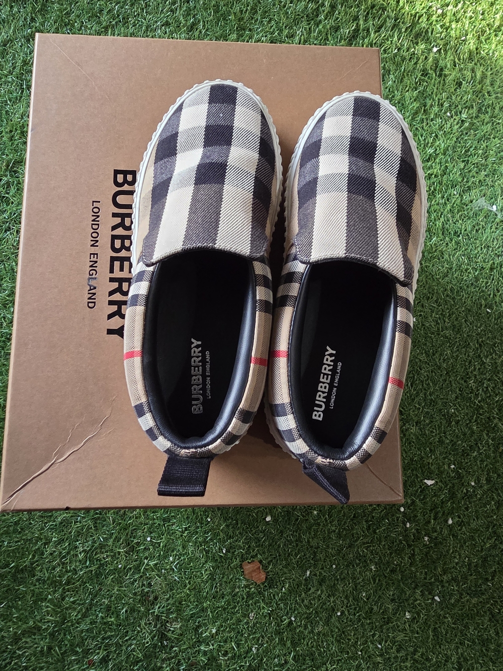 Burberry Kids Black and Tan Check Slip-On Sneakers
